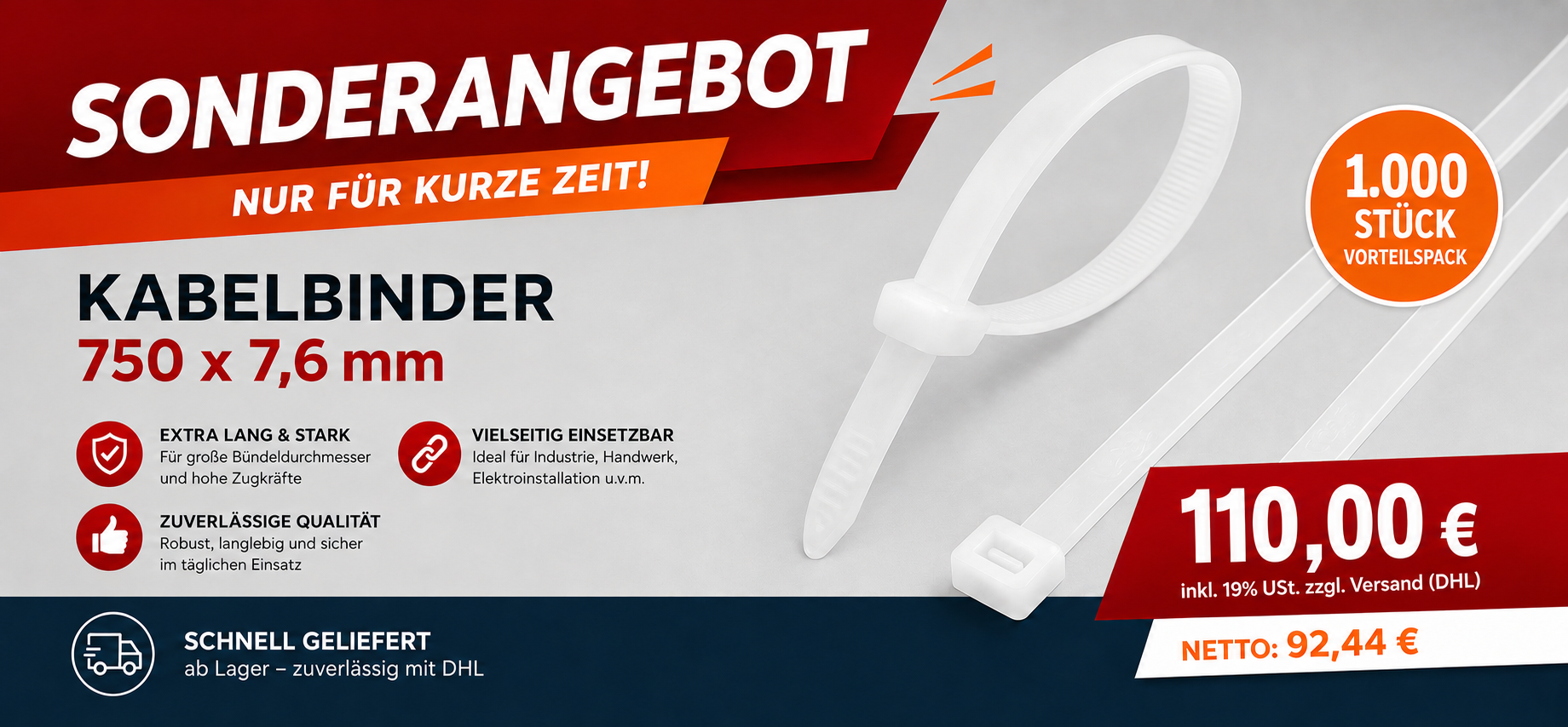 Kabelbinder 750 x7,6 mm 1.000 Stück Natur