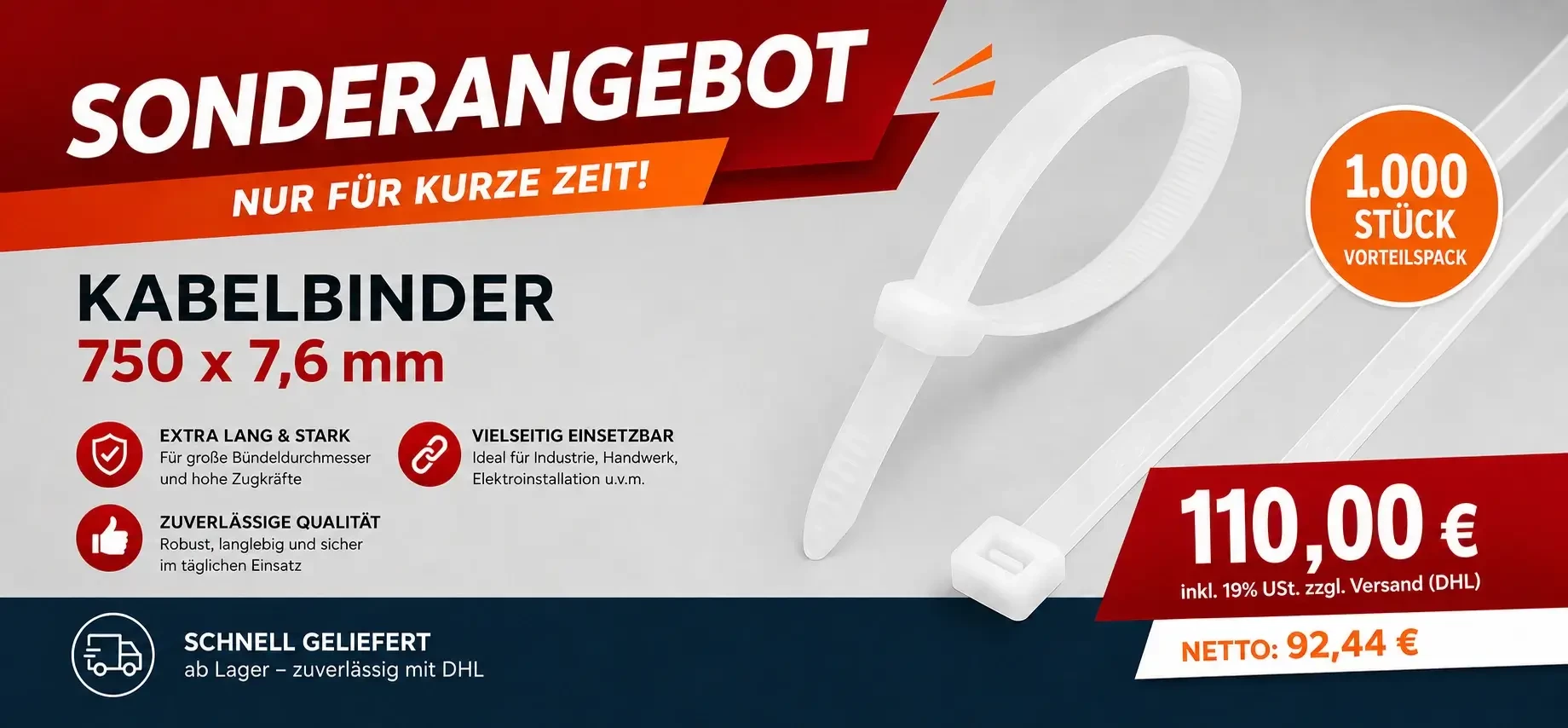 Kabelbinder 750 x7,6 mm 1.000 Stück Natur